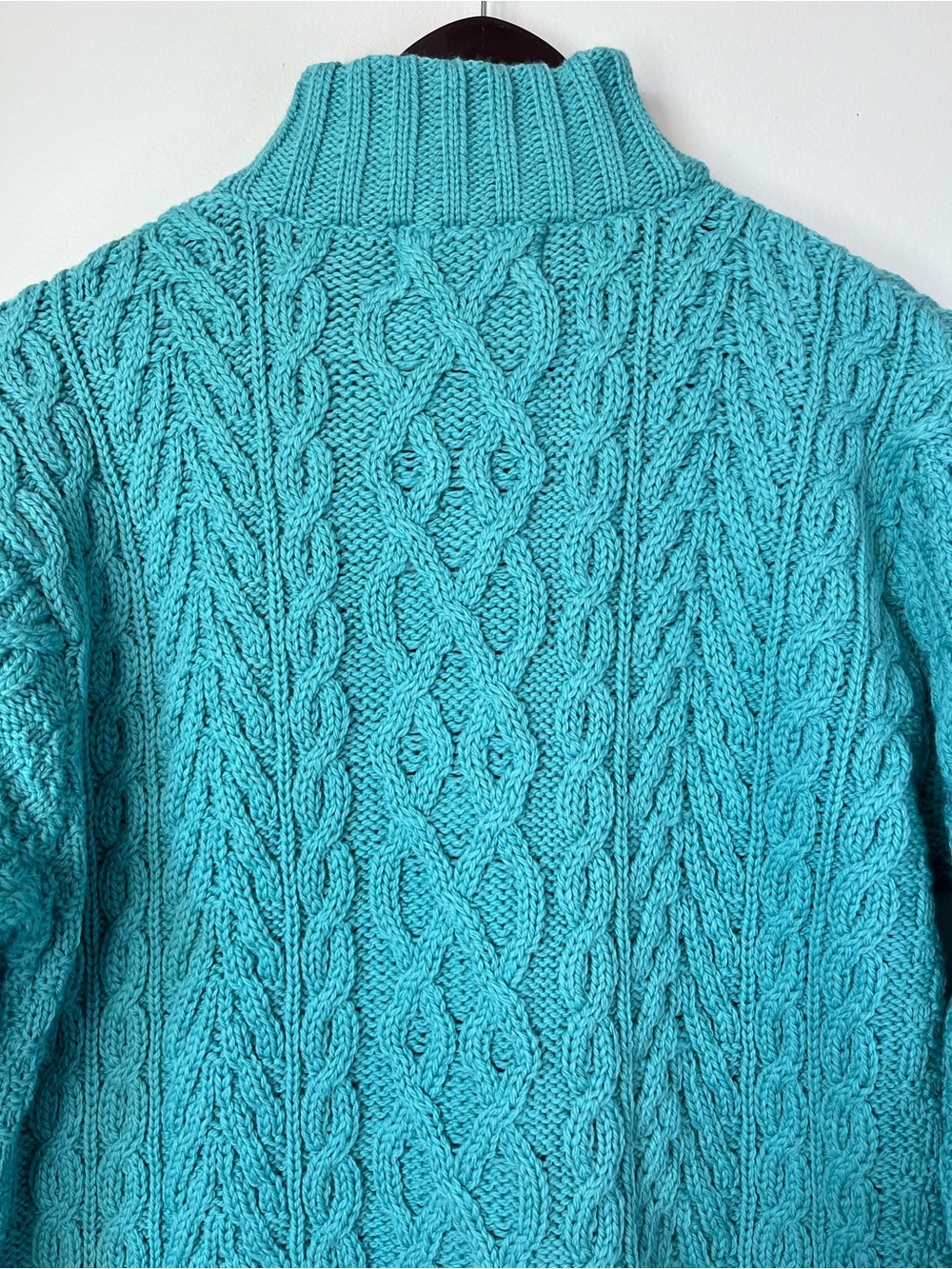 NWOT Aran Crafts Womans L Turquoise Merino Wool Cable Knit 1/4-Zip Sweater- FLAW - Picture 10 of 15